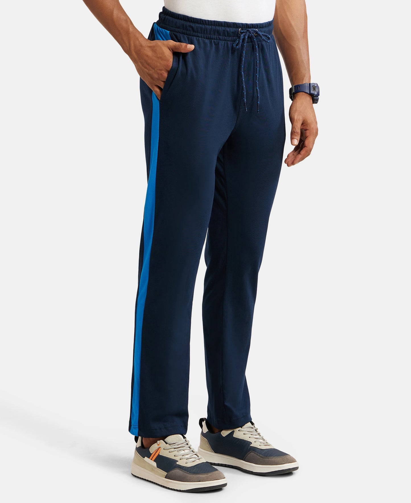 Super Combed Cotton Rich Straight Fit Trackpant with Side and Back Pockets - Navy & Neon Blue-2