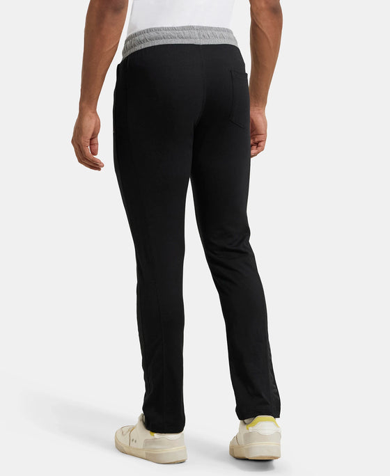 Super Combed Cotton Rich Slim Fit Trackpant with Side Zipper Pockets - Black & Grey Melange-3