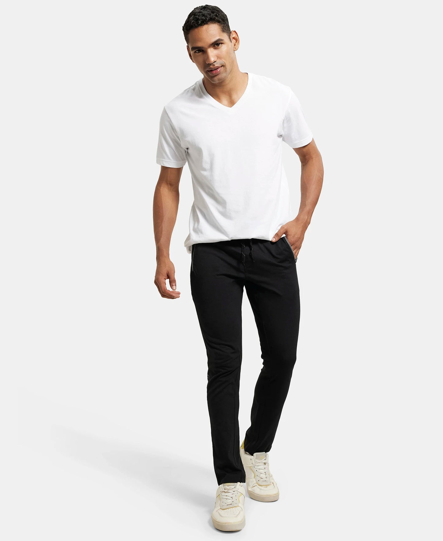 Super Combed Cotton Rich Slim Fit Trackpant with Side Zipper Pockets - Black & Grey Melange-4