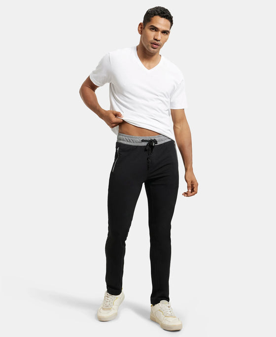 Super Combed Cotton Rich Slim Fit Trackpant with Side Zipper Pockets - Black & Grey Melange-6