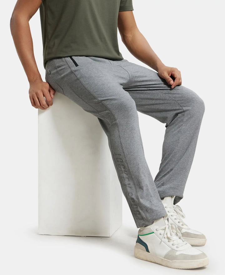Super Combed Cotton Rich Slim Fit Trackpant with Side Zipper Pockets - Grey Melange & Black-5