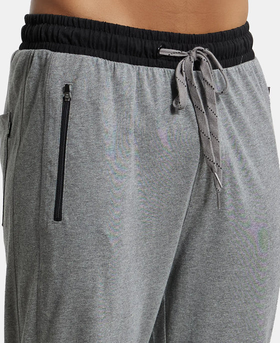 Super Combed Cotton Rich Slim Fit Trackpant with Side Zipper Pockets - Grey Melange & Black-7