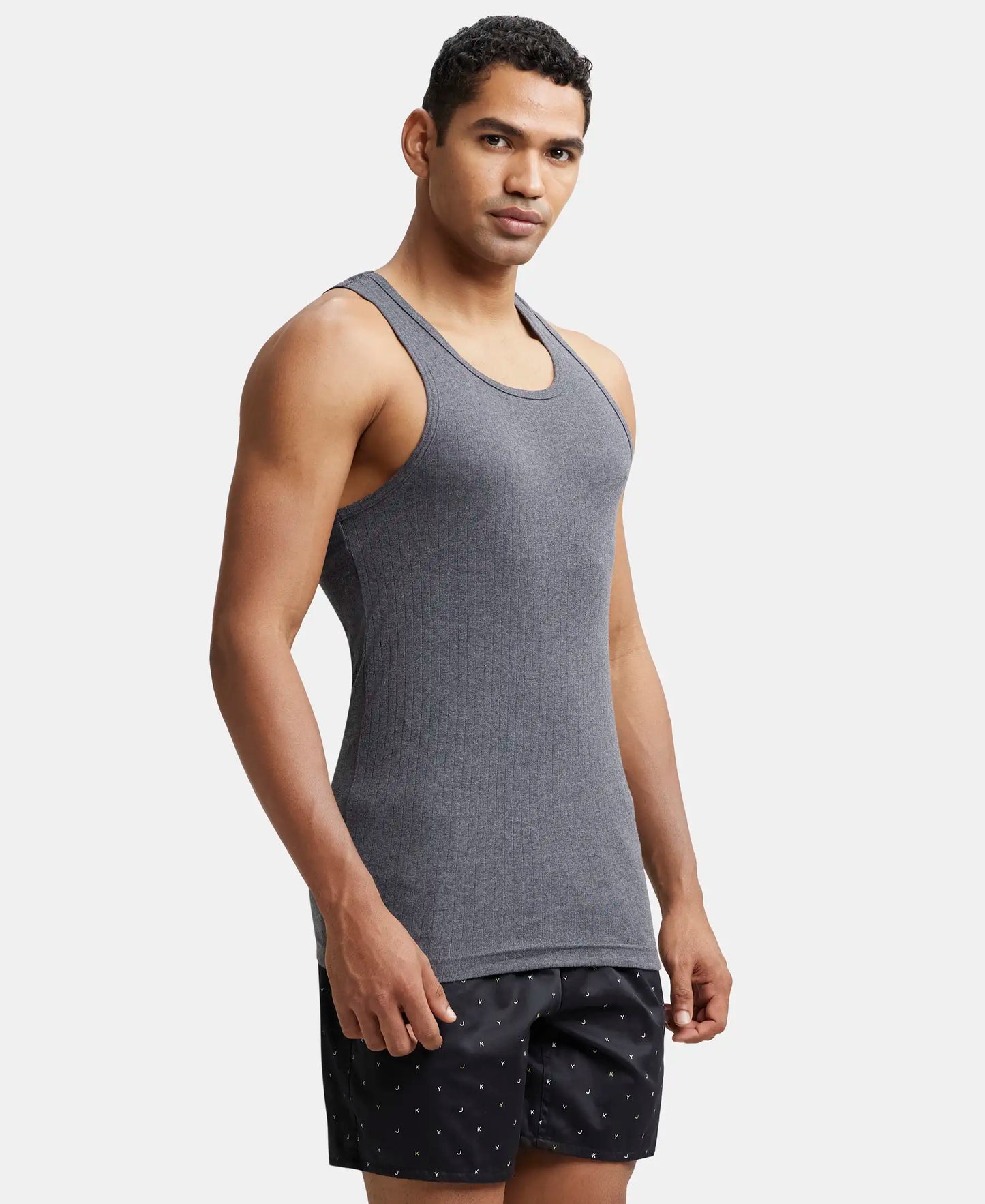Super Combed Cotton Rib Round Neck with Racer Back Gym Vest - Charcoal Melange-2