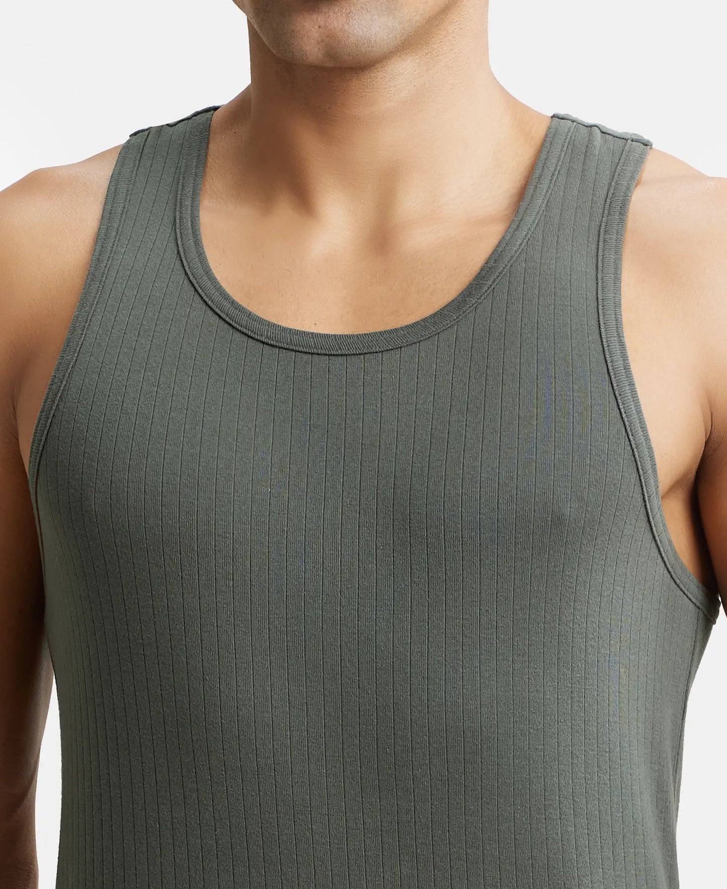 Super Combed Cotton Rib Round Neck with Racer Back Gym Vest - Deep Olive-6
