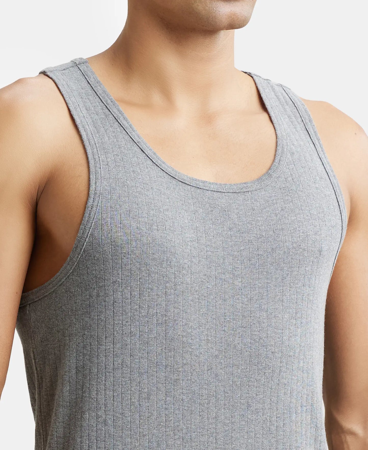 Super Combed Cotton Rib Round Neck with Racer Back Gym Vest - Grey Melange-6