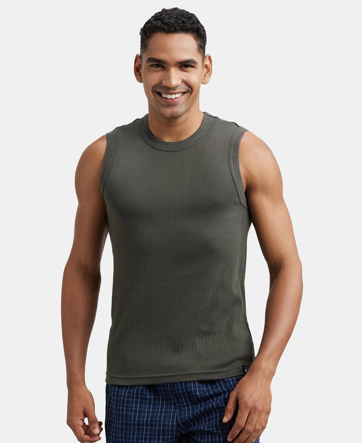 Super Combed Cotton Rib Solid Round Neck Muscle Vest - Deep Olive-5