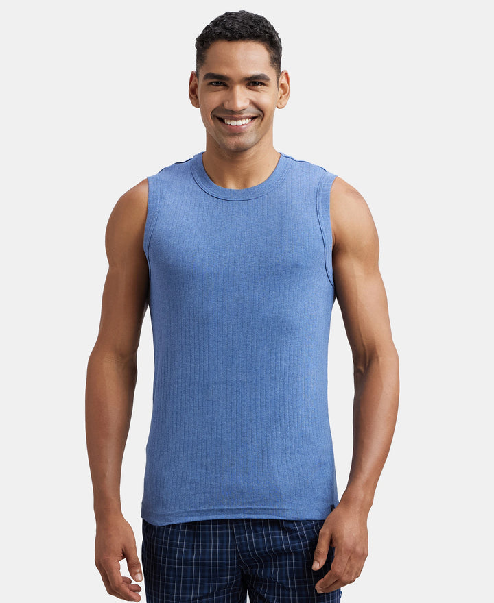 Super Combed Cotton Rib Solid Round Neck Muscle Vest - Light Denim Melange-1