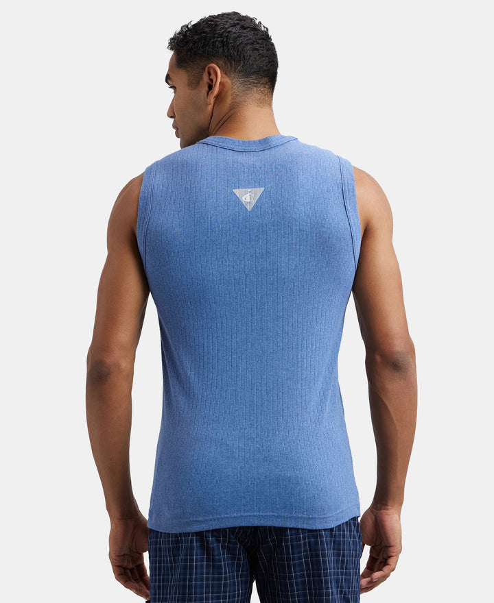 Super Combed Cotton Rib Solid Round Neck Muscle Vest - Light Denim Melange-3