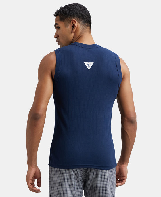 Super Combed Cotton Rib Solid Round Neck Muscle Vest - Navy-3