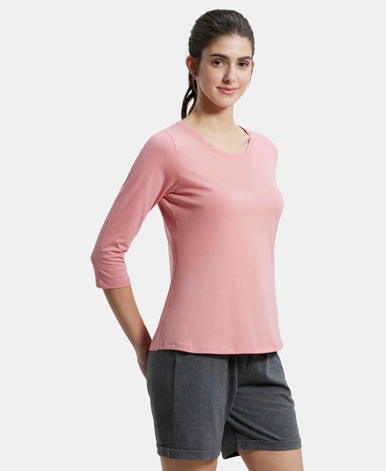 Super Combed Cotton Rich Relaxed Fit Solid Round Neck Three Quarter Sleeve T-Shirt  - Brandied Apricot-2