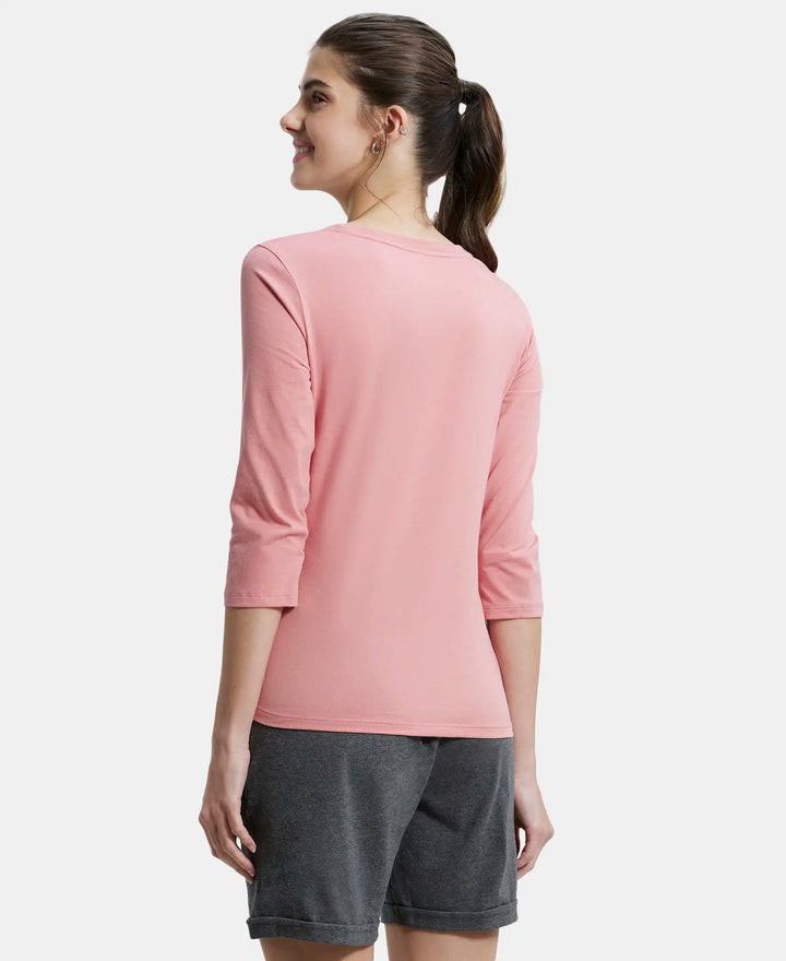Super Combed Cotton Rich Relaxed Fit Solid Round Neck Three Quarter Sleeve T-Shirt  - Brandied Apricot-3