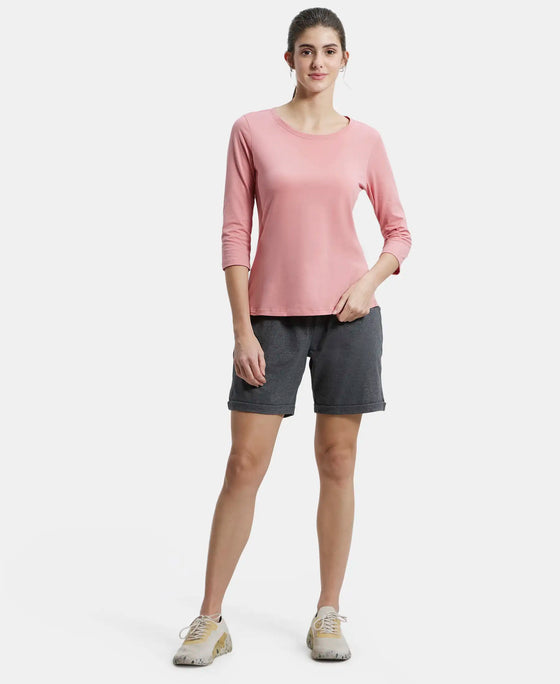 Super Combed Cotton Rich Relaxed Fit Solid Round Neck Three Quarter Sleeve T-Shirt  - Brandied Apricot-4