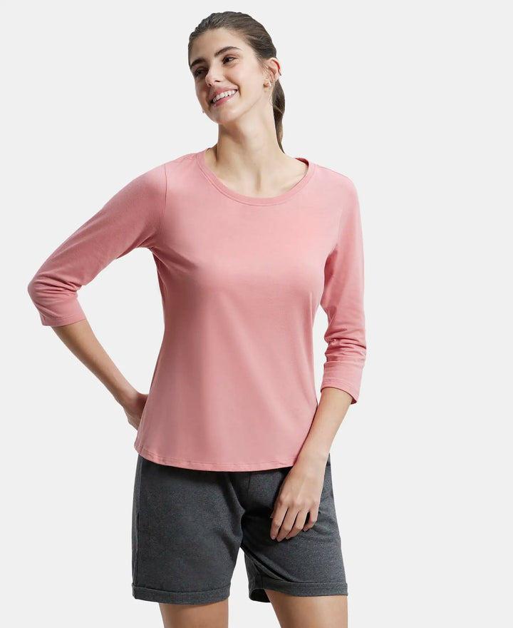 Super Combed Cotton Rich Relaxed Fit Solid Round Neck Three Quarter Sleeve T-Shirt  - Brandied Apricot-5