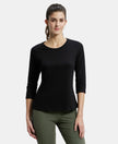 Super Combed Cotton Rich Relaxed Fit Solid Round Neck Three Quarter Sleeve T-Shirt  - Black-1