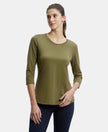 Super Combed Cotton Rich Relaxed Fit Solid Round Neck Three Quarter Sleeve T-Shirt  - Burnt Olive-1