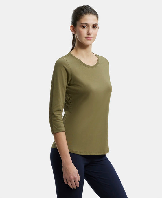 Super Combed Cotton Rich Relaxed Fit Solid Round Neck Three Quarter Sleeve T-Shirt  - Burnt Olive-2