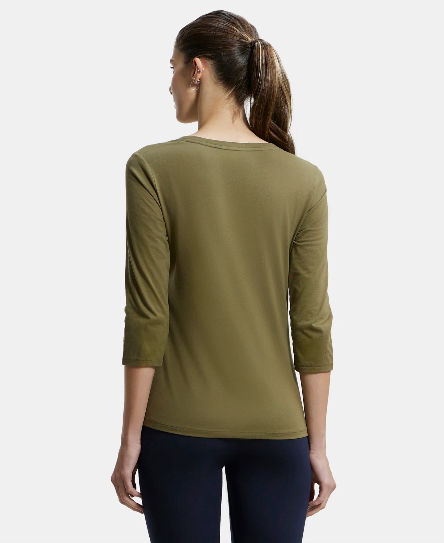 Super Combed Cotton Rich Relaxed Fit Solid Round Neck Three Quarter Sleeve T-Shirt  - Burnt Olive-3