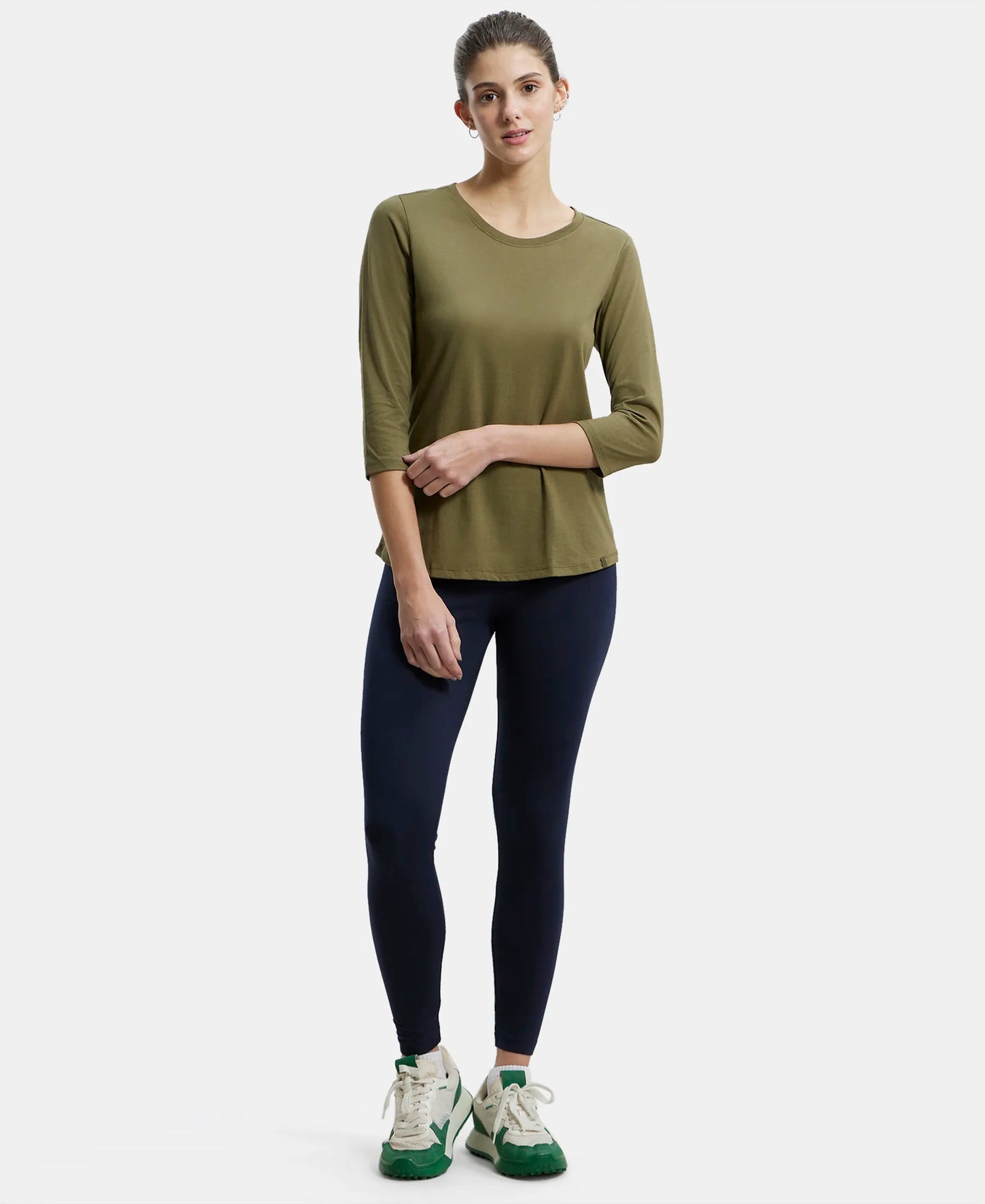 Super Combed Cotton Rich Relaxed Fit Solid Round Neck Three Quarter Sleeve T-Shirt  - Burnt Olive-4