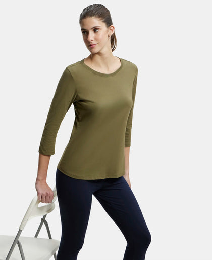 Super Combed Cotton Rich Relaxed Fit Solid Round Neck Three Quarter Sleeve T-Shirt  - Burnt Olive-5