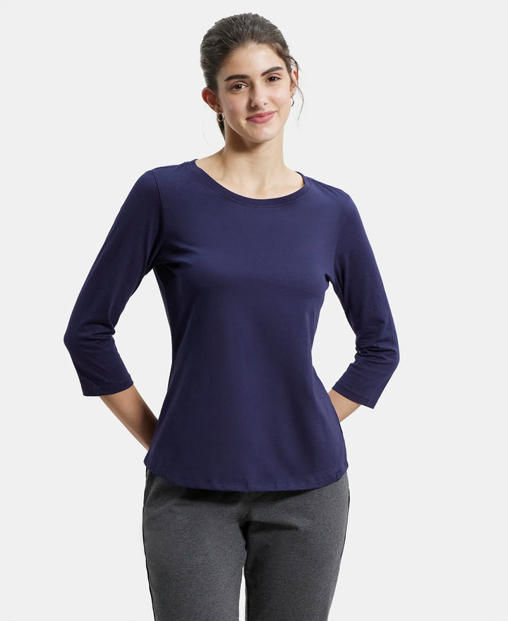 Super Combed Cotton Rich Relaxed Fit Solid Round Neck Three Quarter Sleeve T-Shirt  - Classic Navy-1