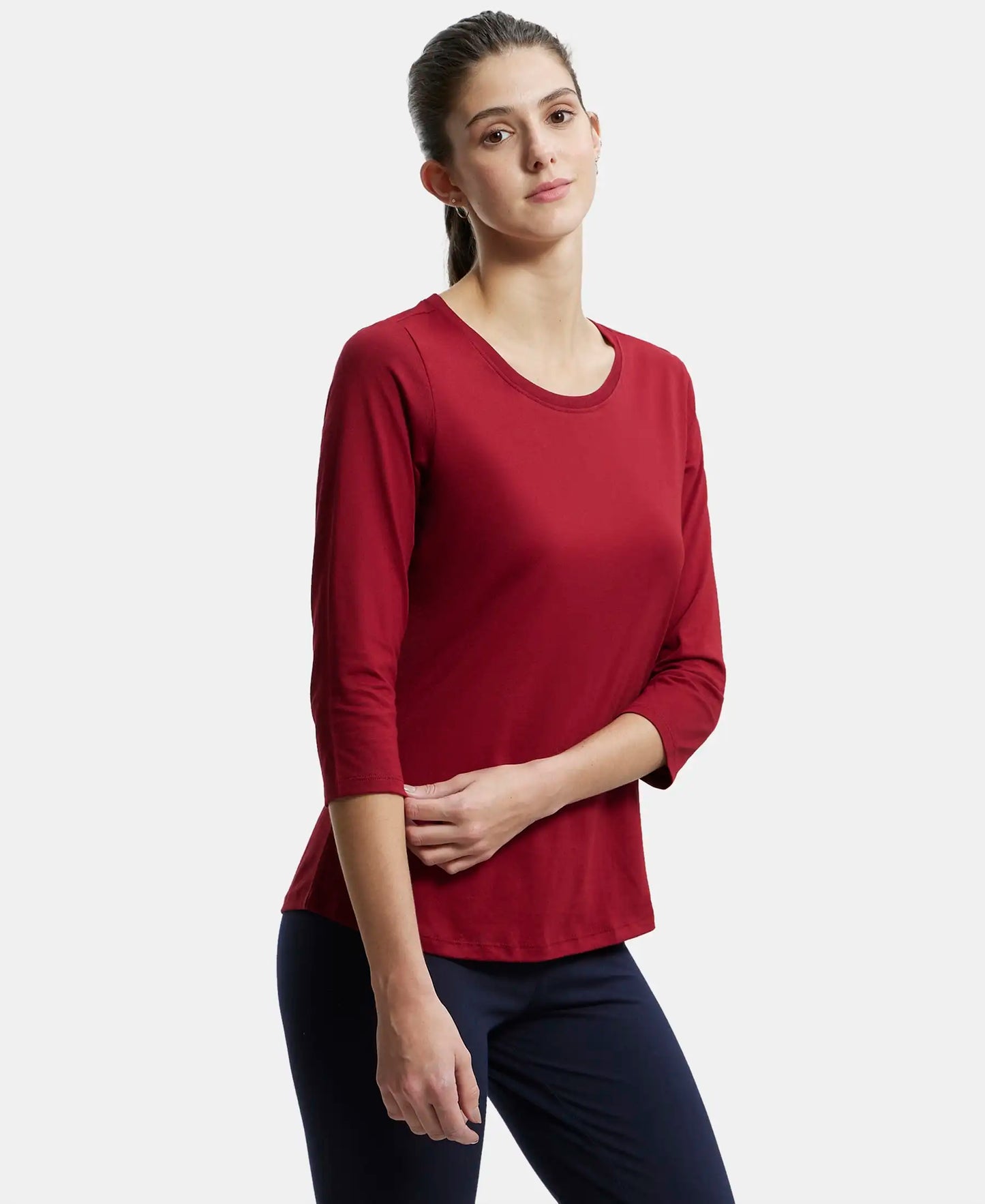 Super Combed Cotton Rich Relaxed Fit Solid Round Neck Three Quarter Sleeve T-Shirt  - Rhubarb-2