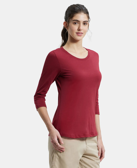 Super Combed Cotton Rich Relaxed Fit Solid Round Neck Three Quarter Sleeve T-Shirt  - Tibetan Red-2