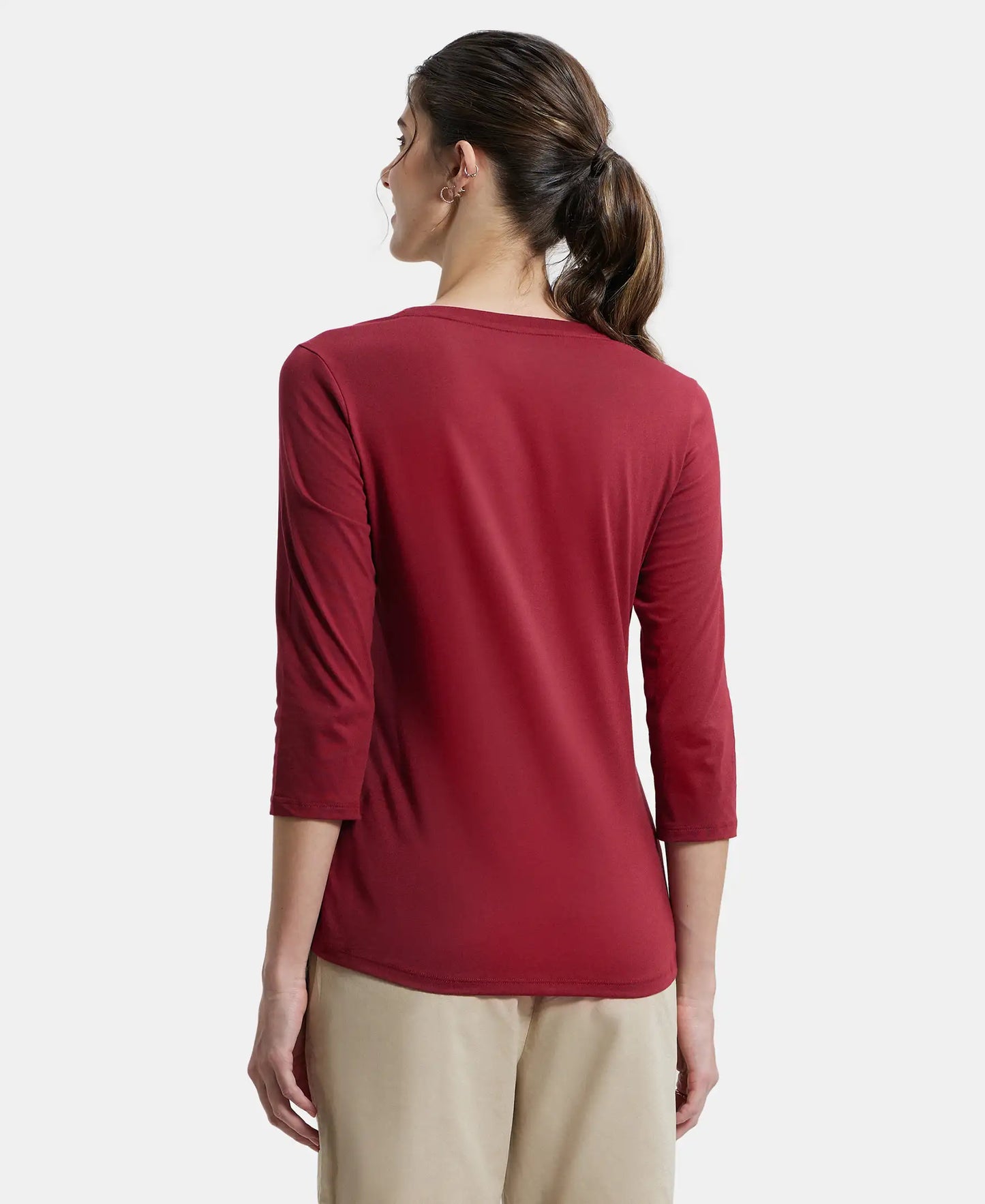 Super Combed Cotton Rich Relaxed Fit Solid Round Neck Three Quarter Sleeve T-Shirt  - Tibetan Red-3