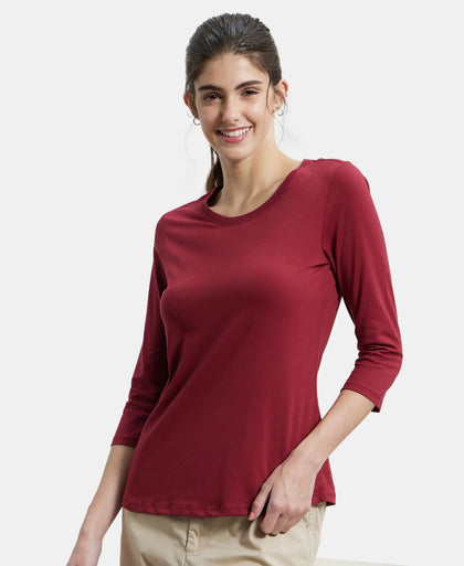Super Combed Cotton Rich Relaxed Fit Solid Round Neck Three Quarter Sleeve T-Shirt  - Tibetan Red-5