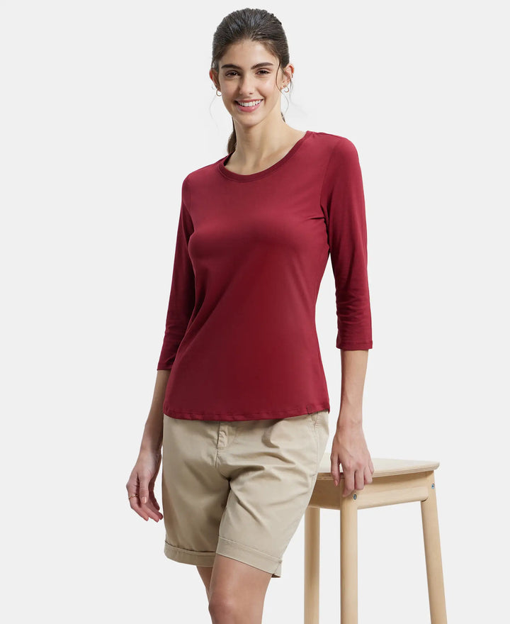 Super Combed Cotton Rich Relaxed Fit Solid Round Neck Three Quarter Sleeve T-Shirt  - Tibetan Red-6