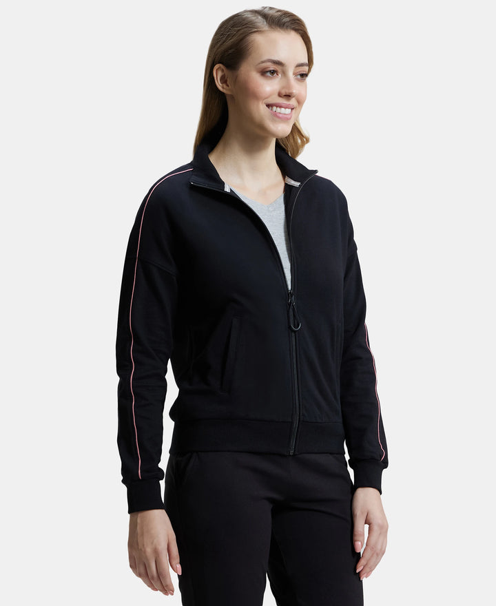 Super Combed Cotton French Terry Drop Shoulder Styled Jacket with Ribbed Cuff and Hem - Black-2