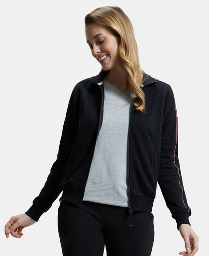 Super Combed Cotton French Terry Drop Shoulder Styled Jacket with Ribbed Cuff and Hem - Black-5
