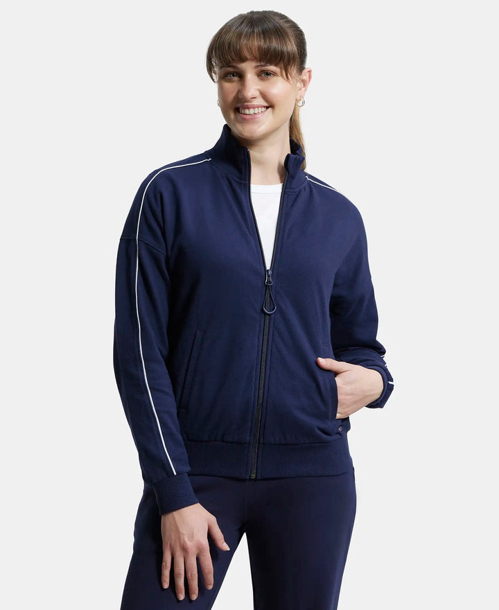 Super Combed Cotton French Terry Drop Shoulder Styled Jacket with Ribbed Cuff and Hem - Navy Blazer-1