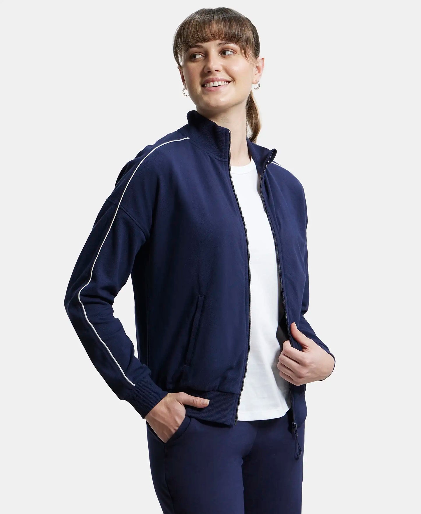 Super Combed Cotton French Terry Drop Shoulder Styled Jacket with Ribbed Cuff and Hem - Navy Blazer-2