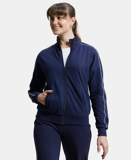 Super Combed Cotton French Terry Drop Shoulder Styled Jacket with Ribbed Cuff and Hem - Navy Blazer-5