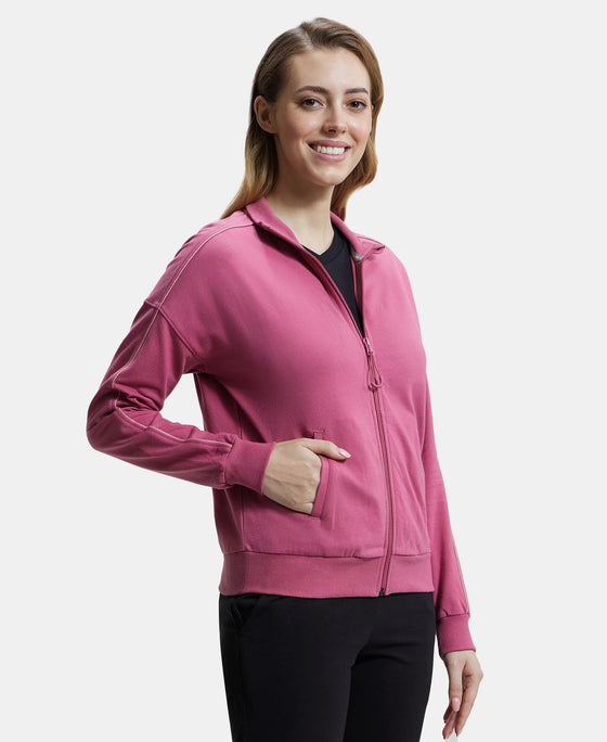 Super Combed Cotton French Terry Drop Shoulder Styled Jacket with Ribbed Cuff and Hem - Rose Wine-2