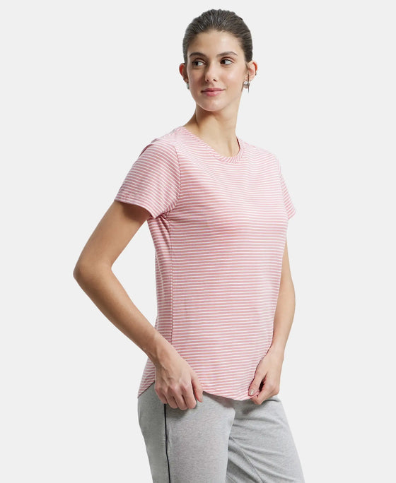 Super Combed Cotton Stripe Fabric Relaxed Fit Round Neck Half Sleeve T-Shirt with Curved Hem Styling - Brandied Apricot-2