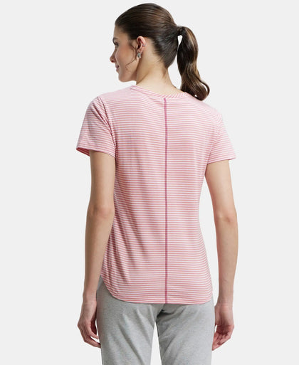 Super Combed Cotton Stripe Fabric Relaxed Fit Round Neck Half Sleeve T-Shirt with Curved Hem Styling - Brandied Apricot-3
