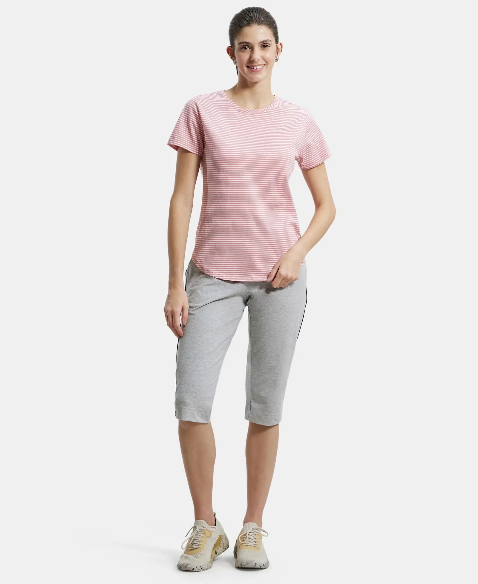 Super Combed Cotton Stripe Fabric Relaxed Fit Round Neck Half Sleeve T-Shirt with Curved Hem Styling - Brandied Apricot-4