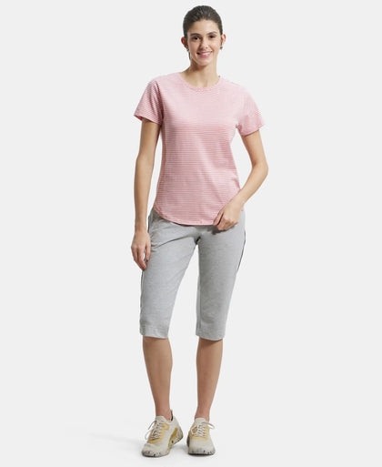 Super Combed Cotton Stripe Fabric Relaxed Fit Round Neck Half Sleeve T-Shirt with Curved Hem Styling - Brandied Apricot-4