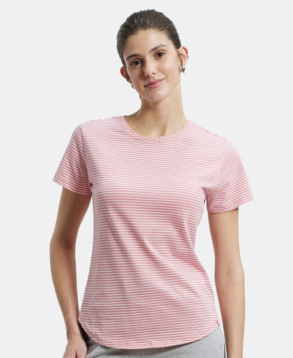 Super Combed Cotton Stripe Fabric Relaxed Fit Round Neck Half Sleeve T-Shirt with Curved Hem Styling - Brandied Apricot-5