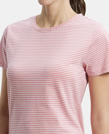 Super Combed Cotton Stripe Fabric Relaxed Fit Round Neck Half Sleeve T-Shirt with Curved Hem Styling - Brandied Apricot-6