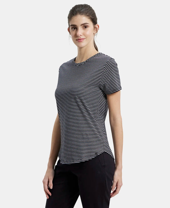 Super Combed Cotton Stripe Fabric Relaxed Fit Round Neck Half Sleeve T-Shirt with Curved Hem Styling - Black-2