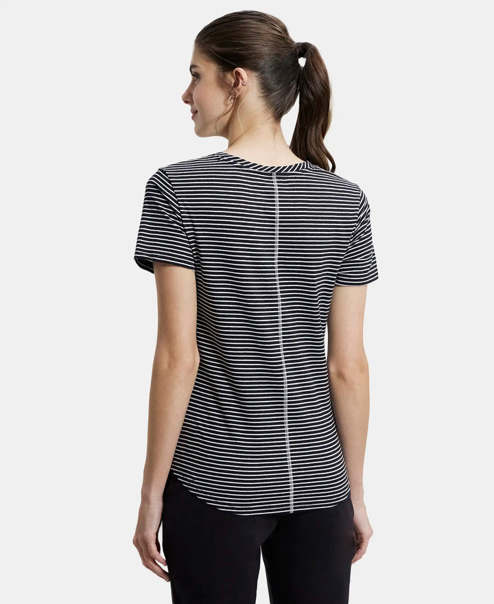 Super Combed Cotton Stripe Fabric Relaxed Fit Round Neck Half Sleeve T-Shirt with Curved Hem Styling - Black-3