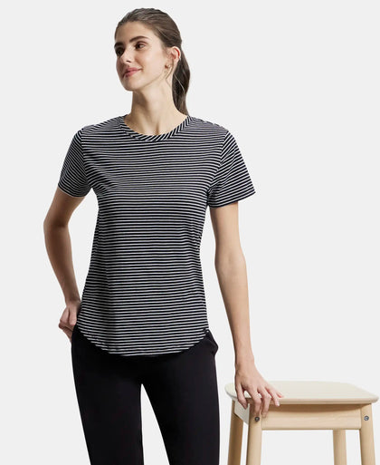 Super Combed Cotton Stripe Fabric Relaxed Fit Round Neck Half Sleeve T-Shirt with Curved Hem Styling - Black-5