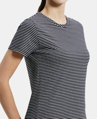 Super Combed Cotton Stripe Fabric Relaxed Fit Round Neck Half Sleeve T-Shirt with Curved Hem Styling - Black-7