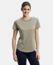 Super Combed Cotton Stripe Fabric Relaxed Fit Round Neck Half Sleeve T-Shirt with Curved Hem Styling - Burnt Olive-1