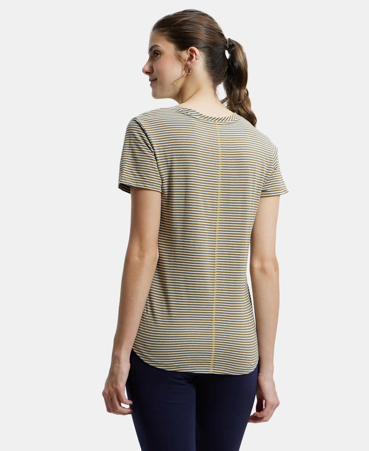 Super Combed Cotton Stripe Fabric Relaxed Fit Round Neck Half Sleeve T-Shirt with Curved Hem Styling - Burnt Olive-3