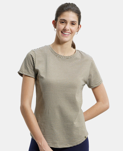 Super Combed Cotton Stripe Fabric Relaxed Fit Round Neck Half Sleeve T-Shirt with Curved Hem Styling - Burnt Olive-5