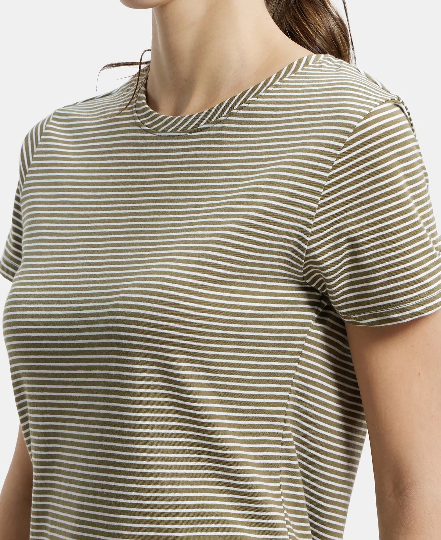 Super Combed Cotton Stripe Fabric Relaxed Fit Round Neck Half Sleeve T-Shirt with Curved Hem Styling - Burnt Olive-6