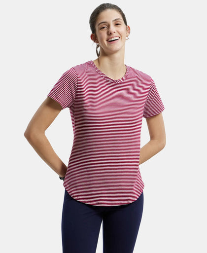 Super Combed Cotton Stripe Fabric Relaxed Fit Round Neck Half Sleeve T-Shirt with Curved Hem Styling - Red Plum-1